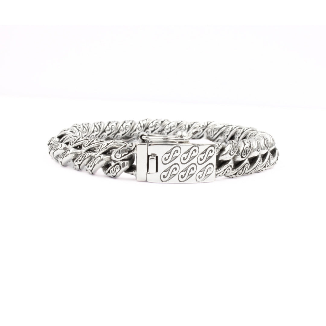 Sterling Silver Cuban Link Bracelet with Motif – 12mm Wide