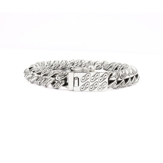 Sterling Silver Cuban Link Bracelet with Motif – 12mm Wide