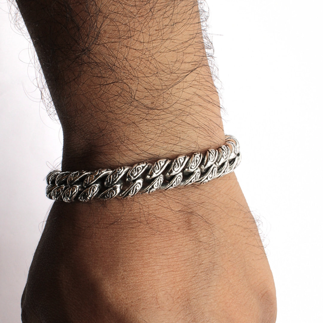 Sterling Silver Cuban Link Bracelet with Motif – 12mm Wide