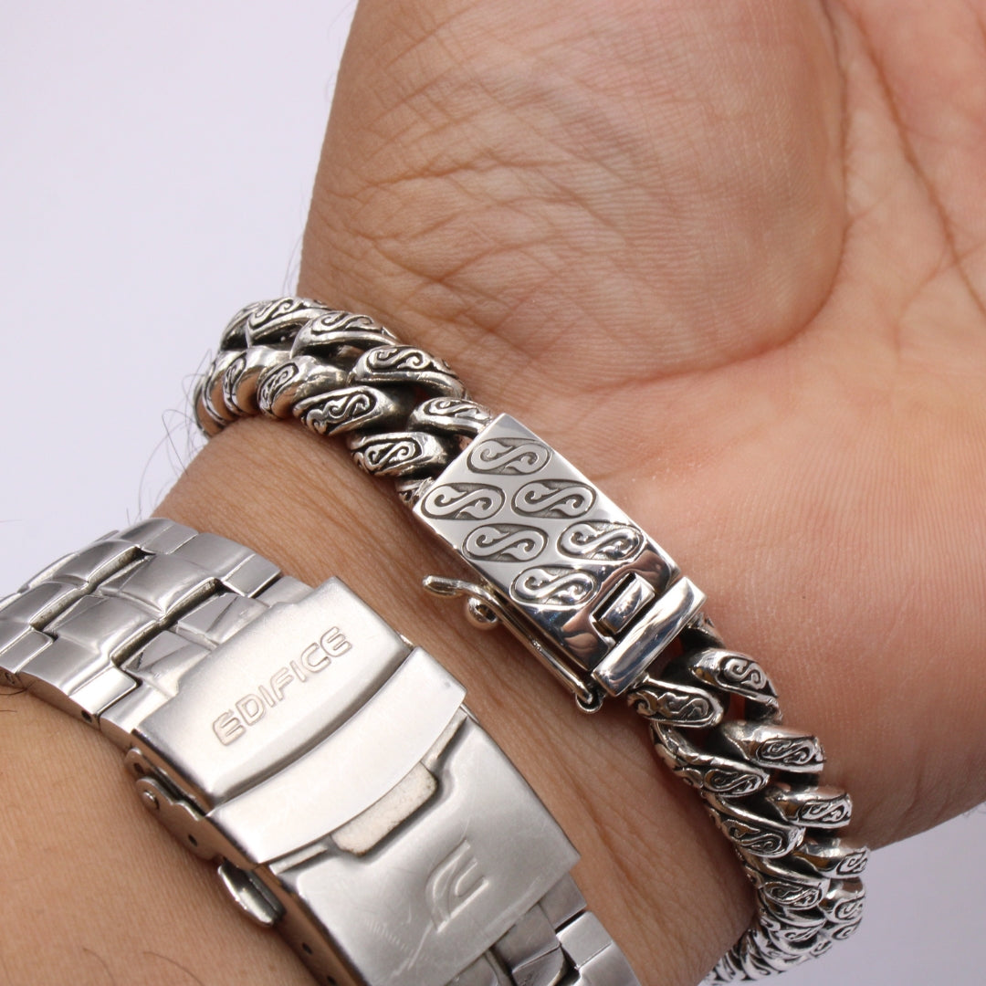 Sterling Silver Cuban Link Bracelet with Motif – 12mm Wide