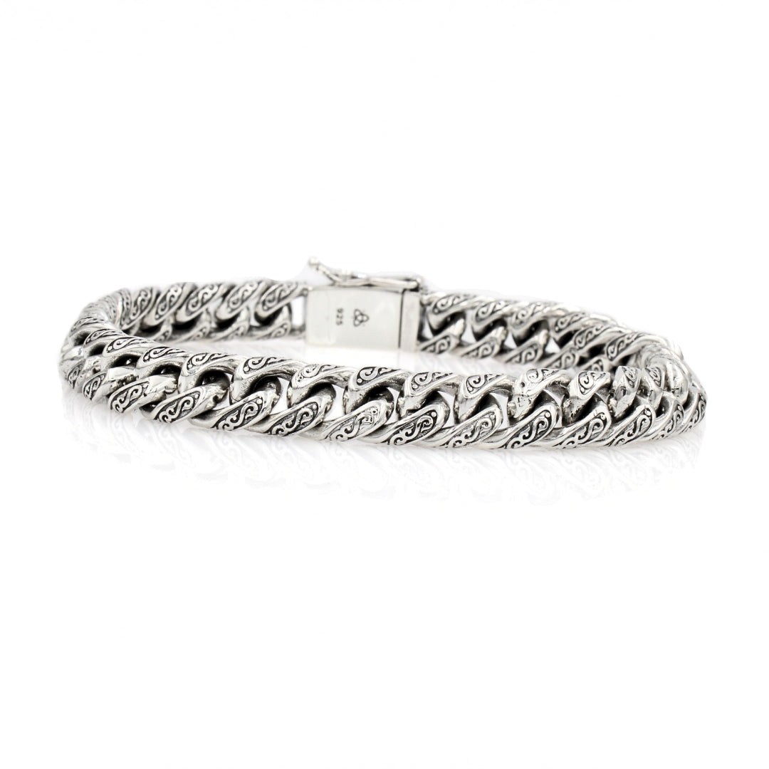 Sterling Silver Cuban Link Bracelet with Motif – 10mm Wide