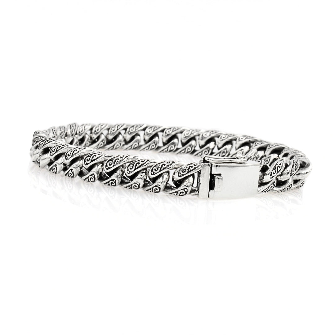 Sterling Silver Cuban Link Bracelet with Motif – 10mm Wide