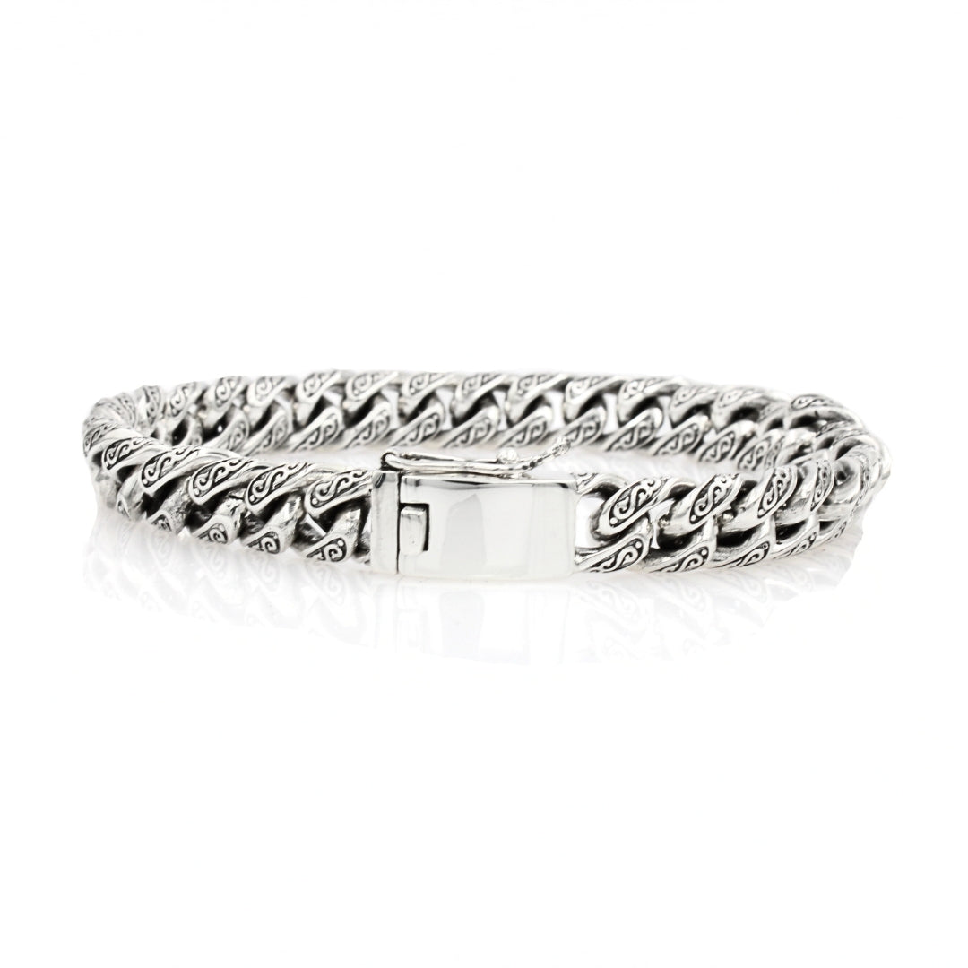 Sterling Silver Cuban Link Bracelet with Motif – 10mm Wide