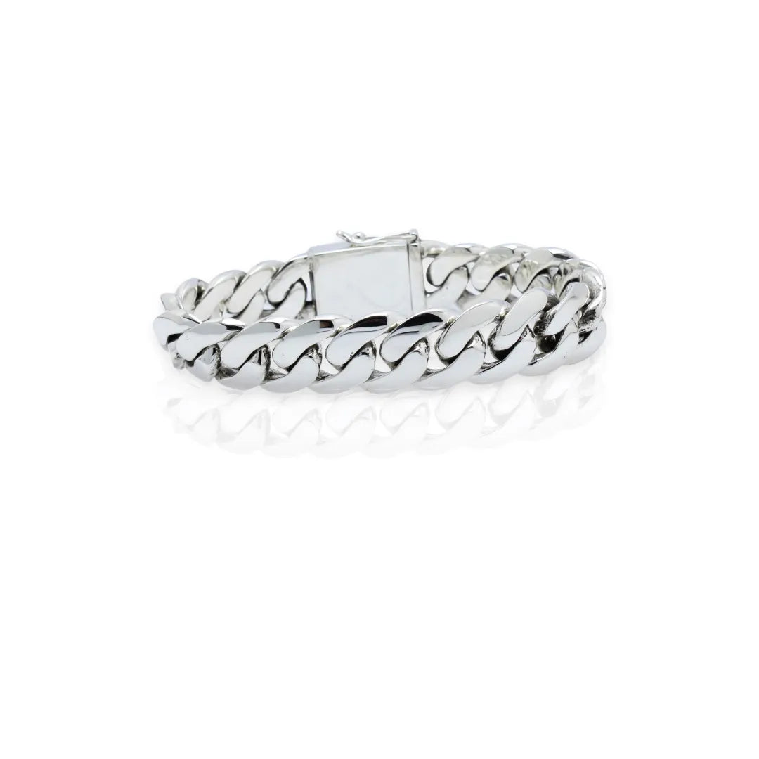 Balinese 12mm Flat Cuban Link Silver Bracelet