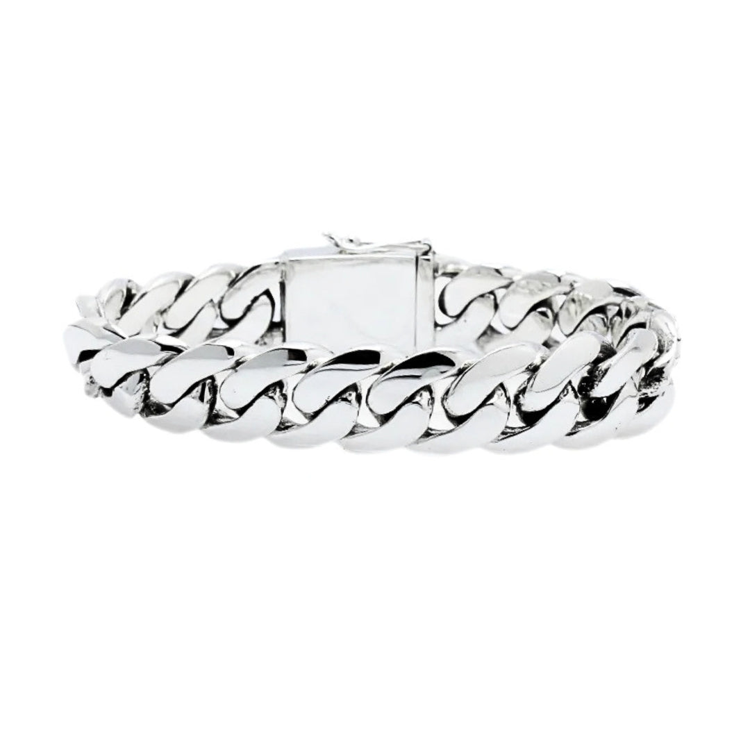 Balinese 12mm Flat Cuban Link Silver Bracelet