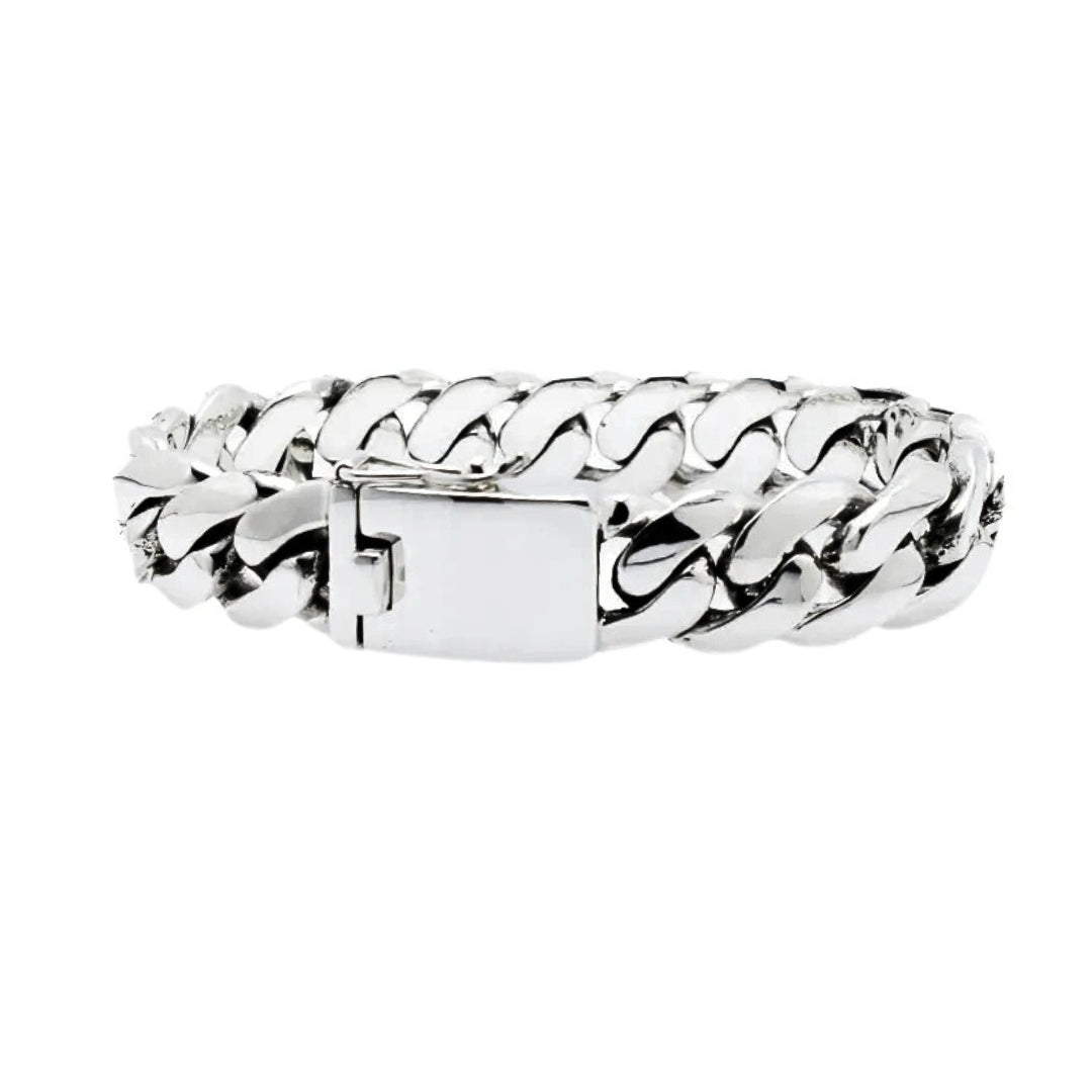 Balinese 12mm Flat Cuban Link Silver Bracelet