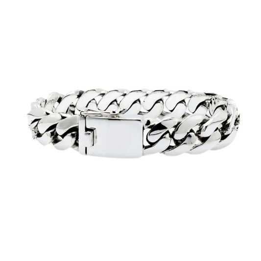 Balinese 12mm Flat Cuban Link Silver Bracelet
