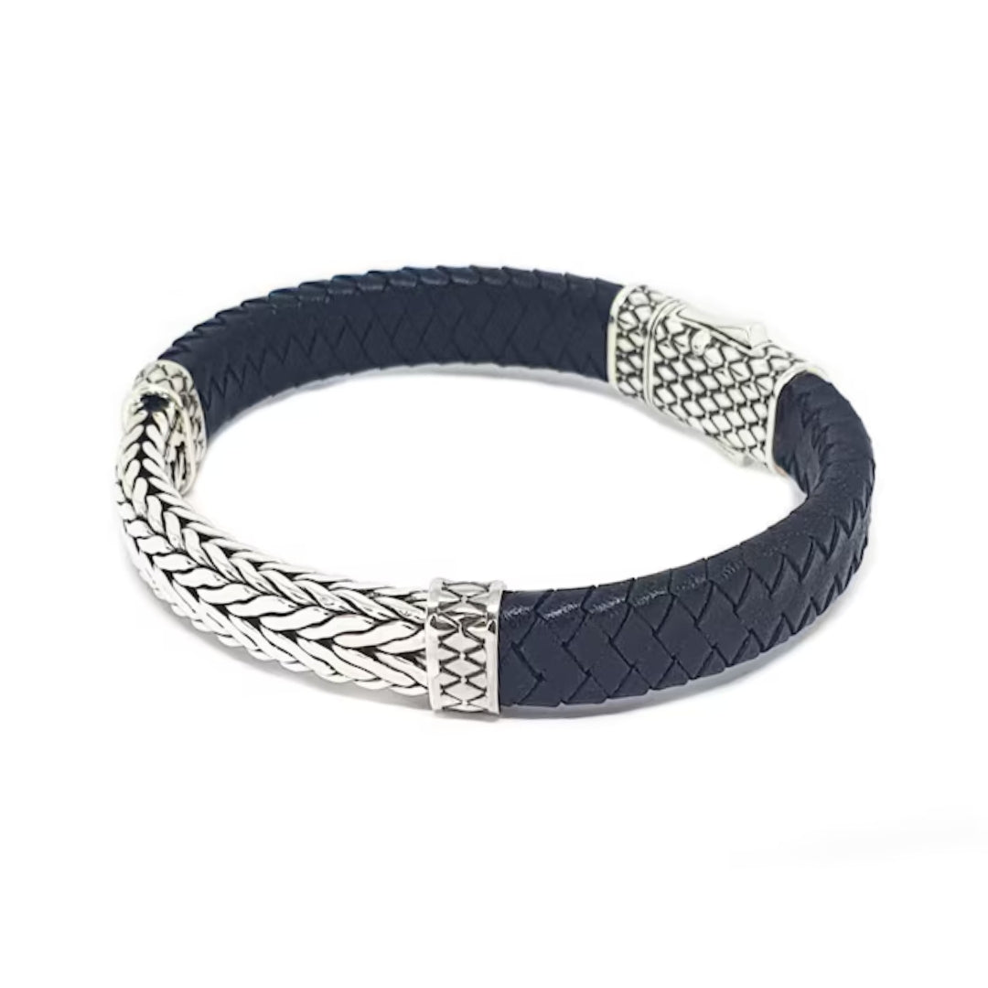 Woven Leather and Sterling Silver Bracelet, Crafted in Bali