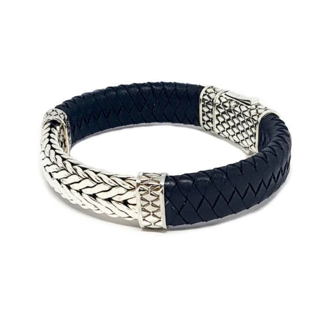 Woven Leather and Sterling Silver Bracelet, Crafted in Bali