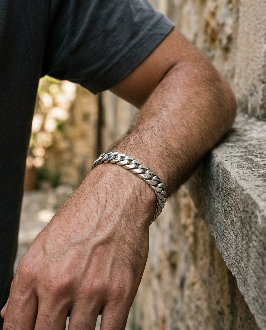 Balinese 10mm Flat Cuban Link Silver Bracelet
