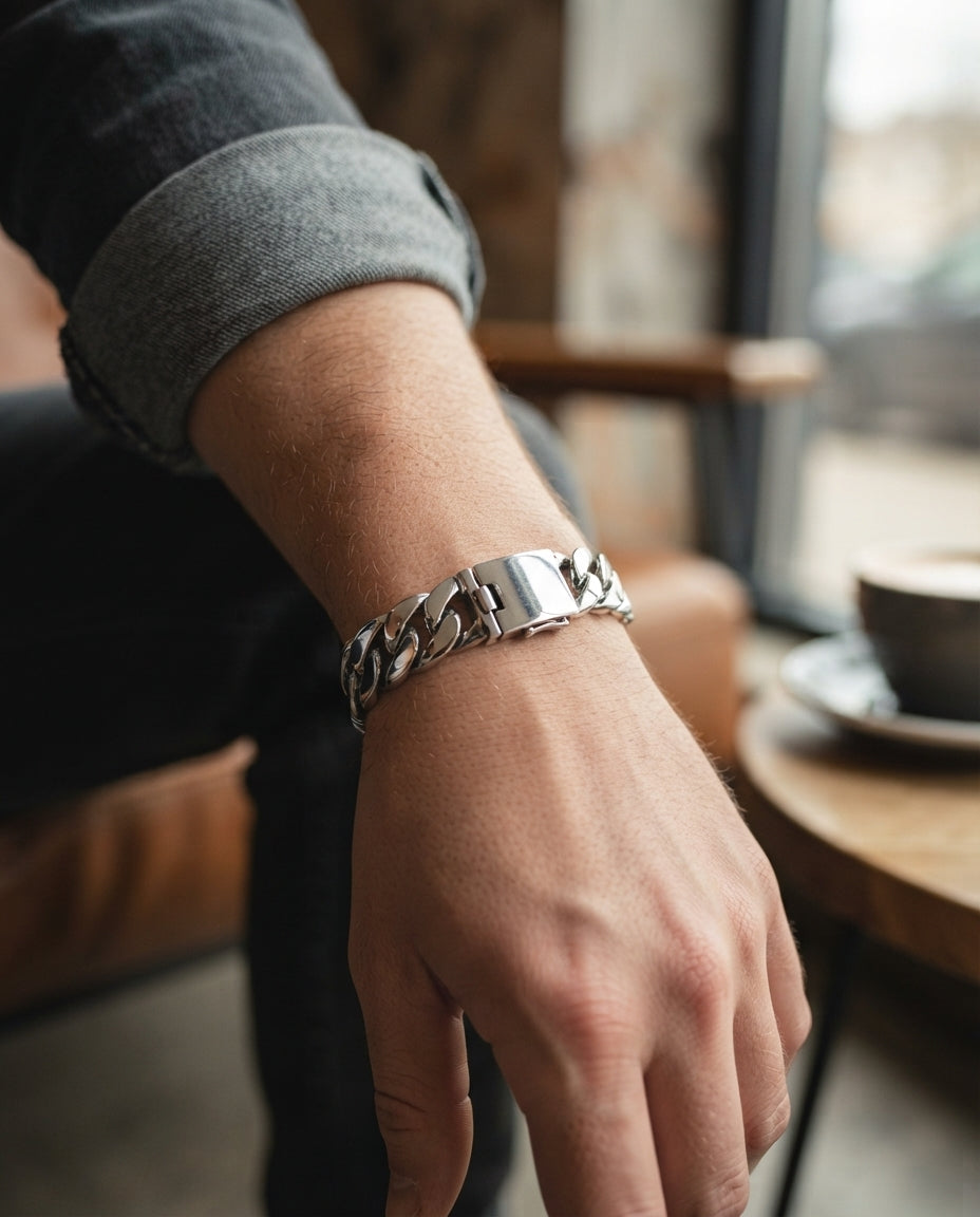 Balinese 12mm Flat Cuban Link Silver Bracelet