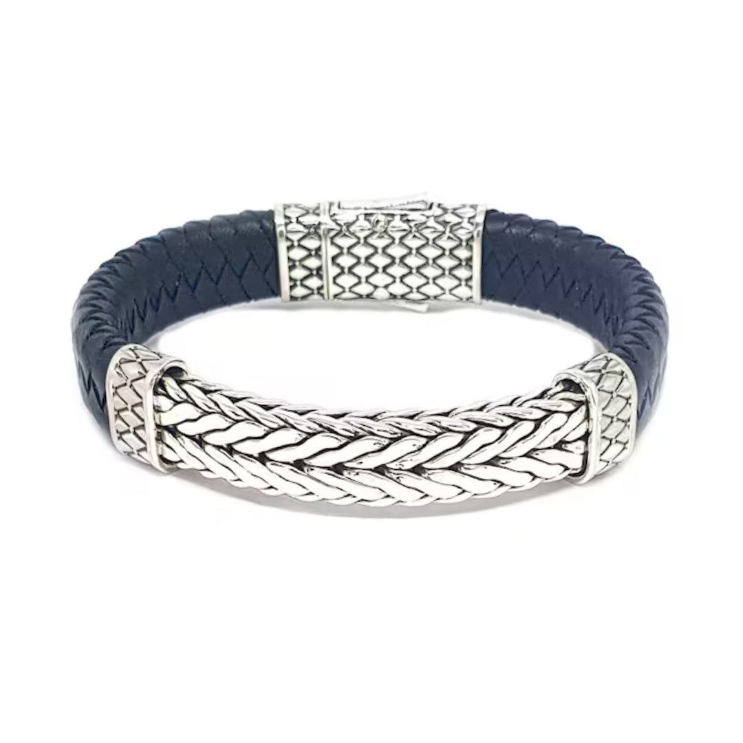 Woven Leather and Sterling Silver Bracelet, Crafted in Bali