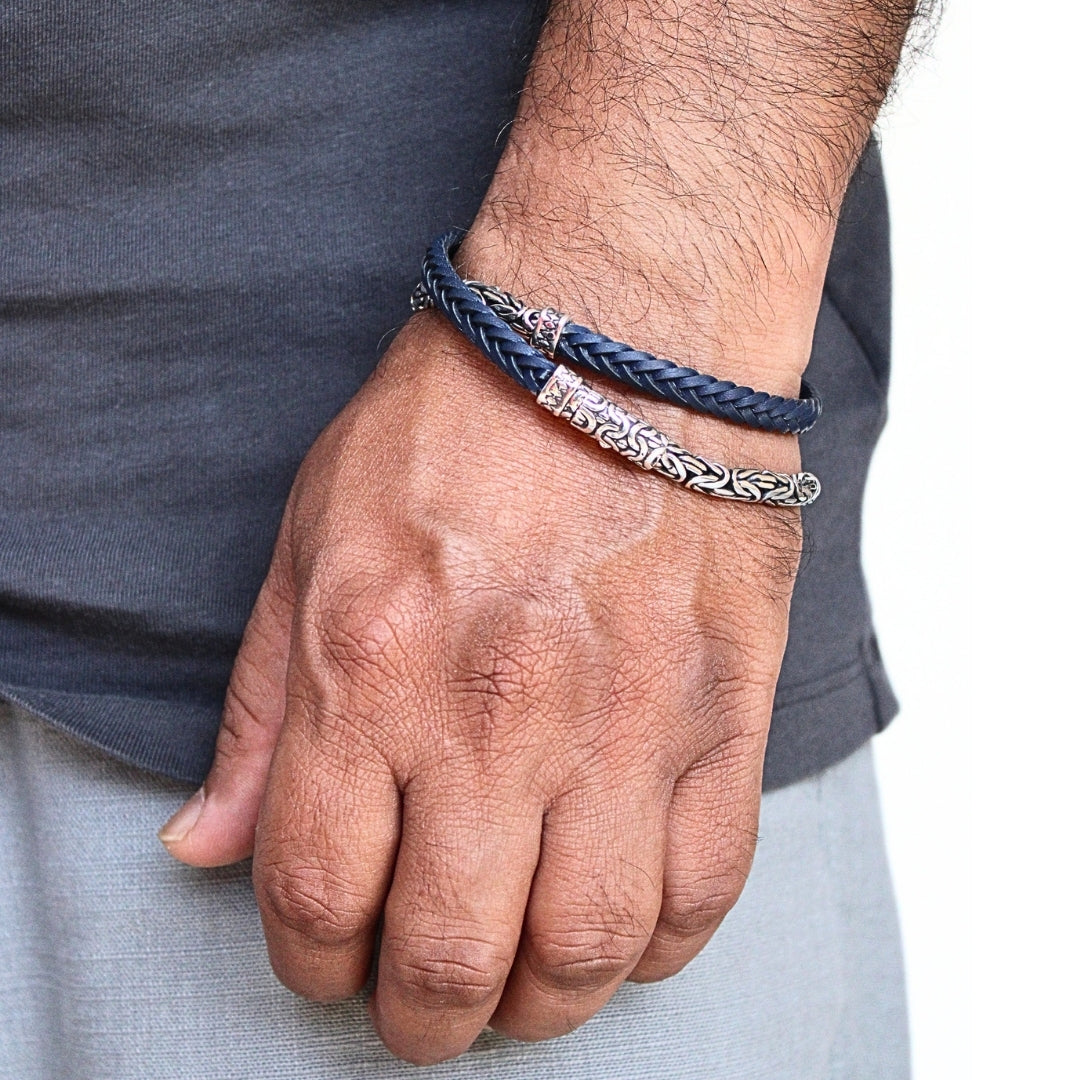Borobudur Silver Leather Double Bracelet