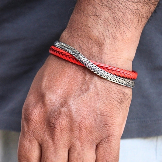 Tulang Naga Silver Leather Double Bracelet