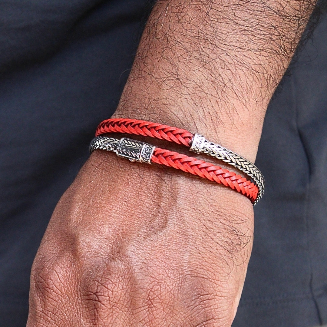 Tulang Naga Silver Leather Double Bracelet