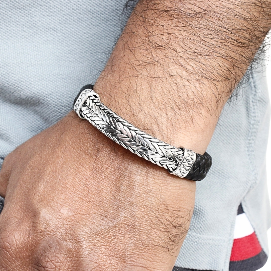 Woven Leather and Sterling Silver Bracelet, Crafted in Bali