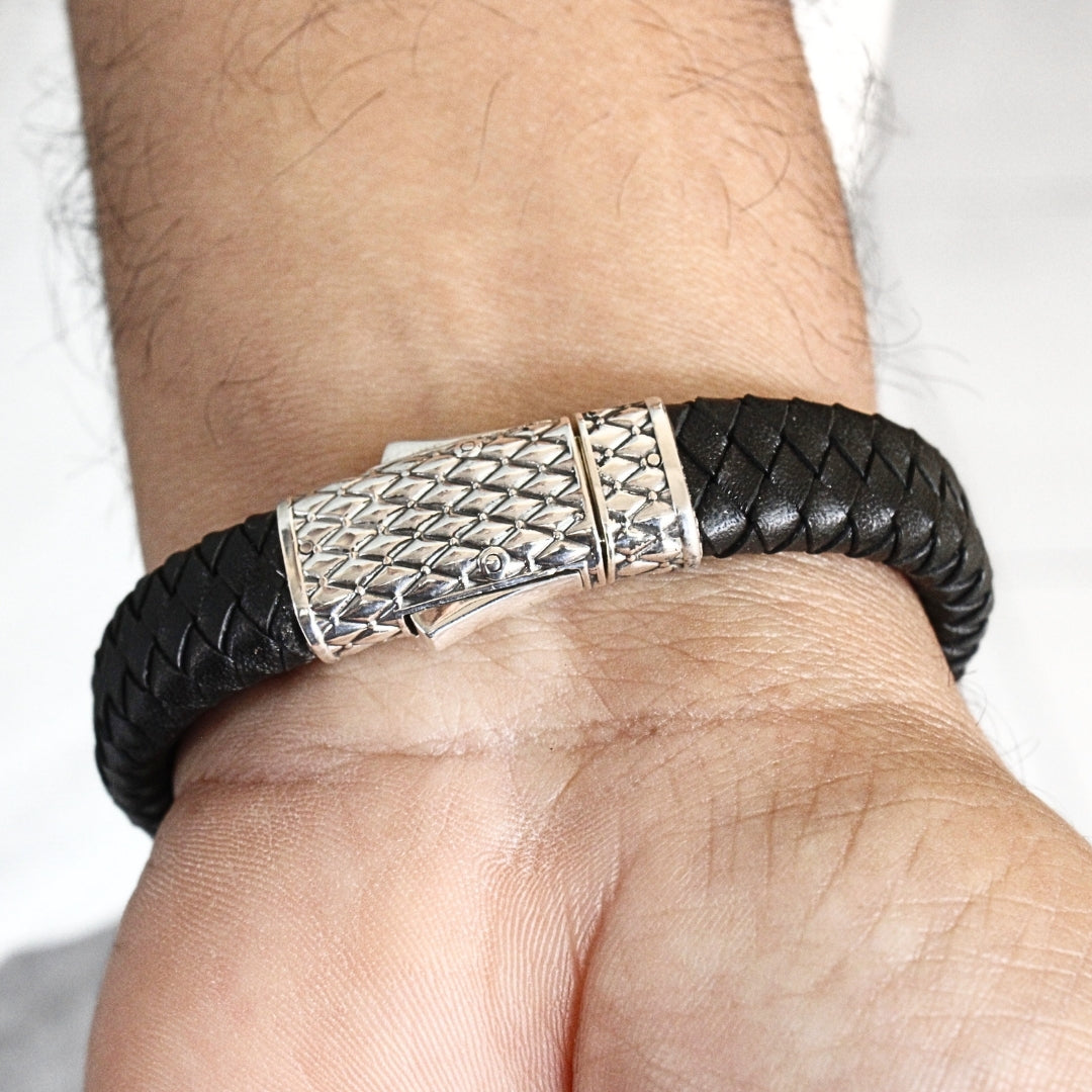 Woven Leather and Sterling Silver Bracelet, Crafted in Bali