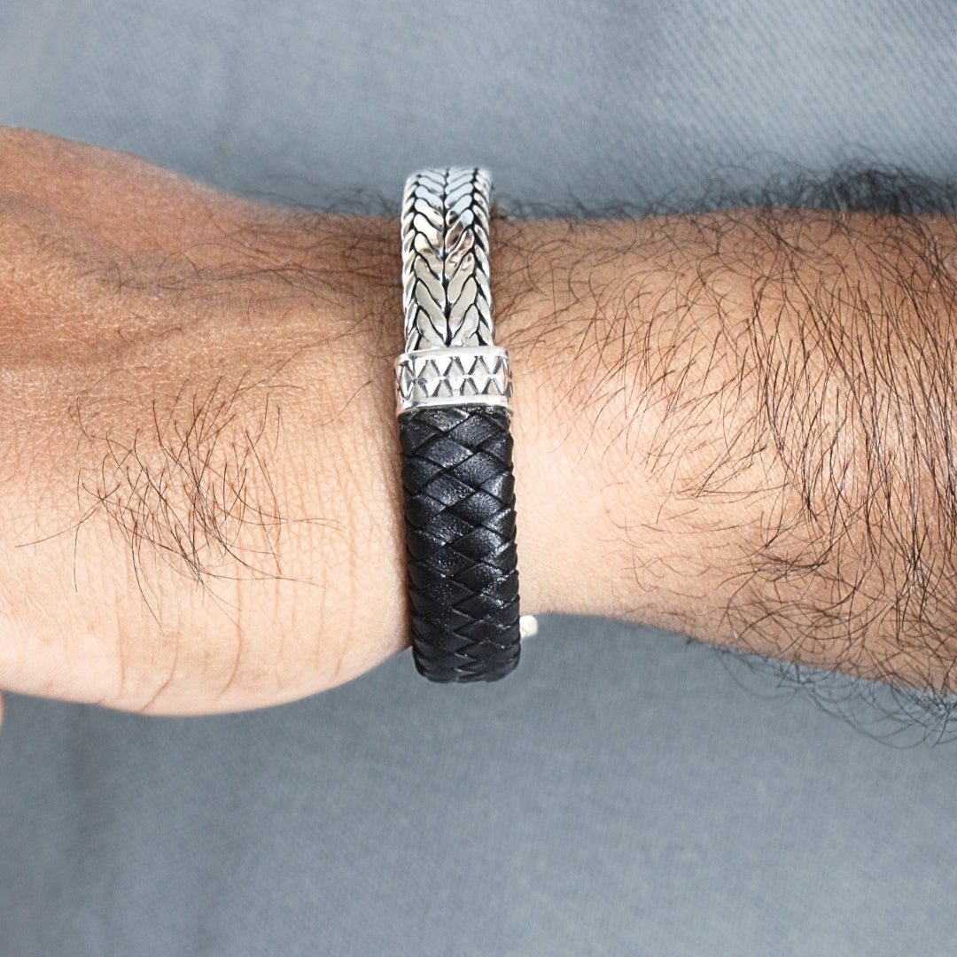 Woven Leather and Sterling Silver Bracelet, Crafted in Bali