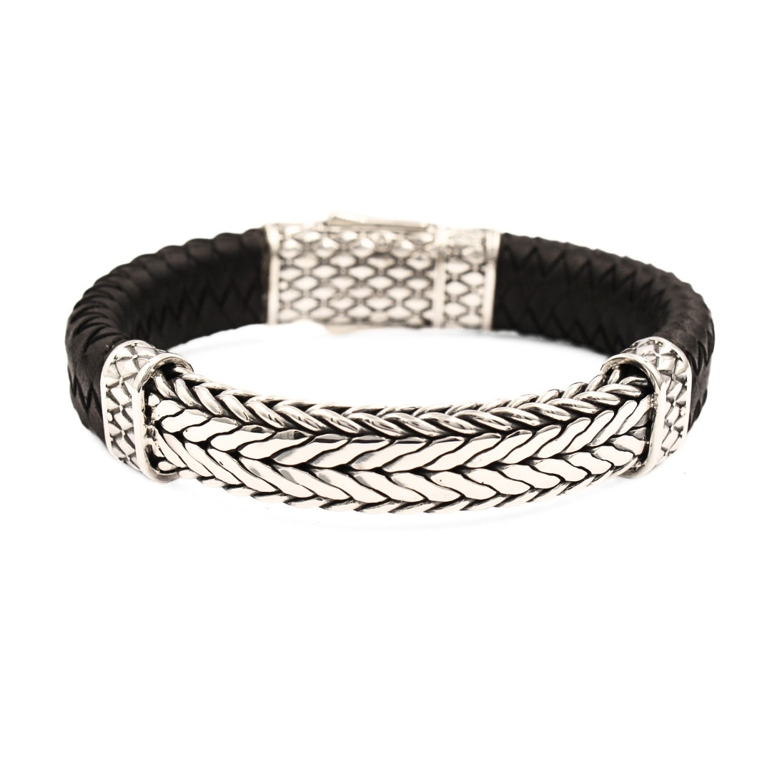 Woven Leather and Sterling Silver Bracelet, Crafted in Bali