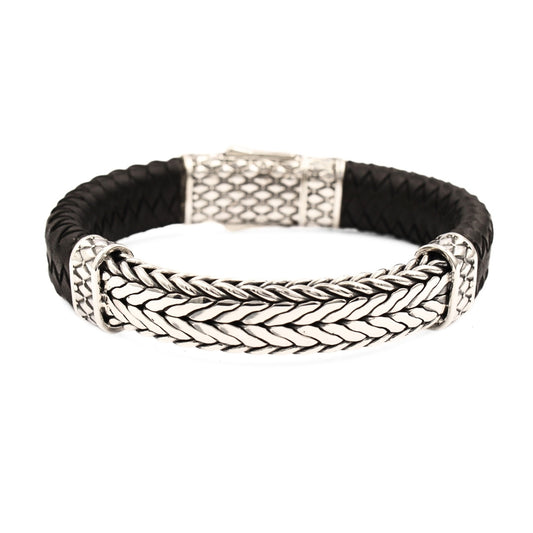 Woven Leather and Sterling Silver Bracelet, Crafted in Bali
