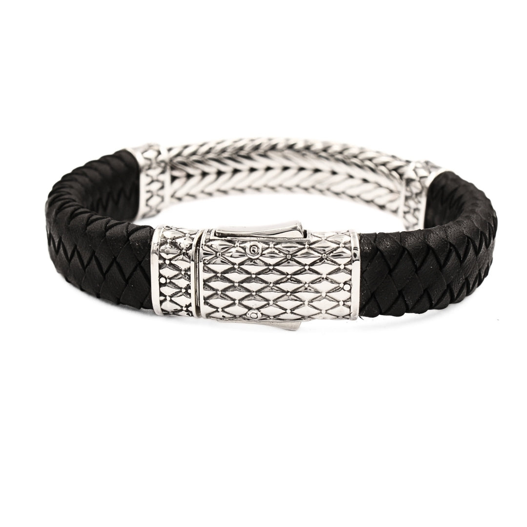 Woven Leather and Sterling Silver Bracelet, Crafted in Bali