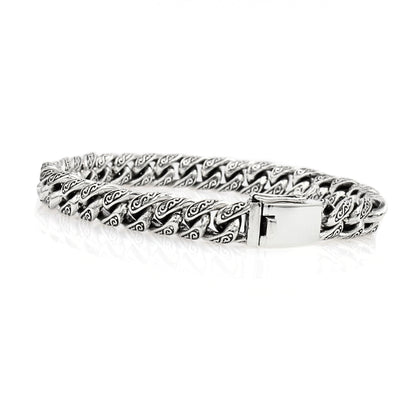 Sterling Silver Cuban Link Bracelet with Motif – 10mm Wide