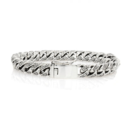 Sterling Silver Cuban Link Bracelet with Motif – 10mm Wide